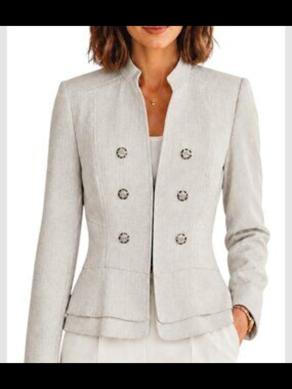 Brown House Black Market Light Brown Double-Breasted Peplum Blazer. #3315